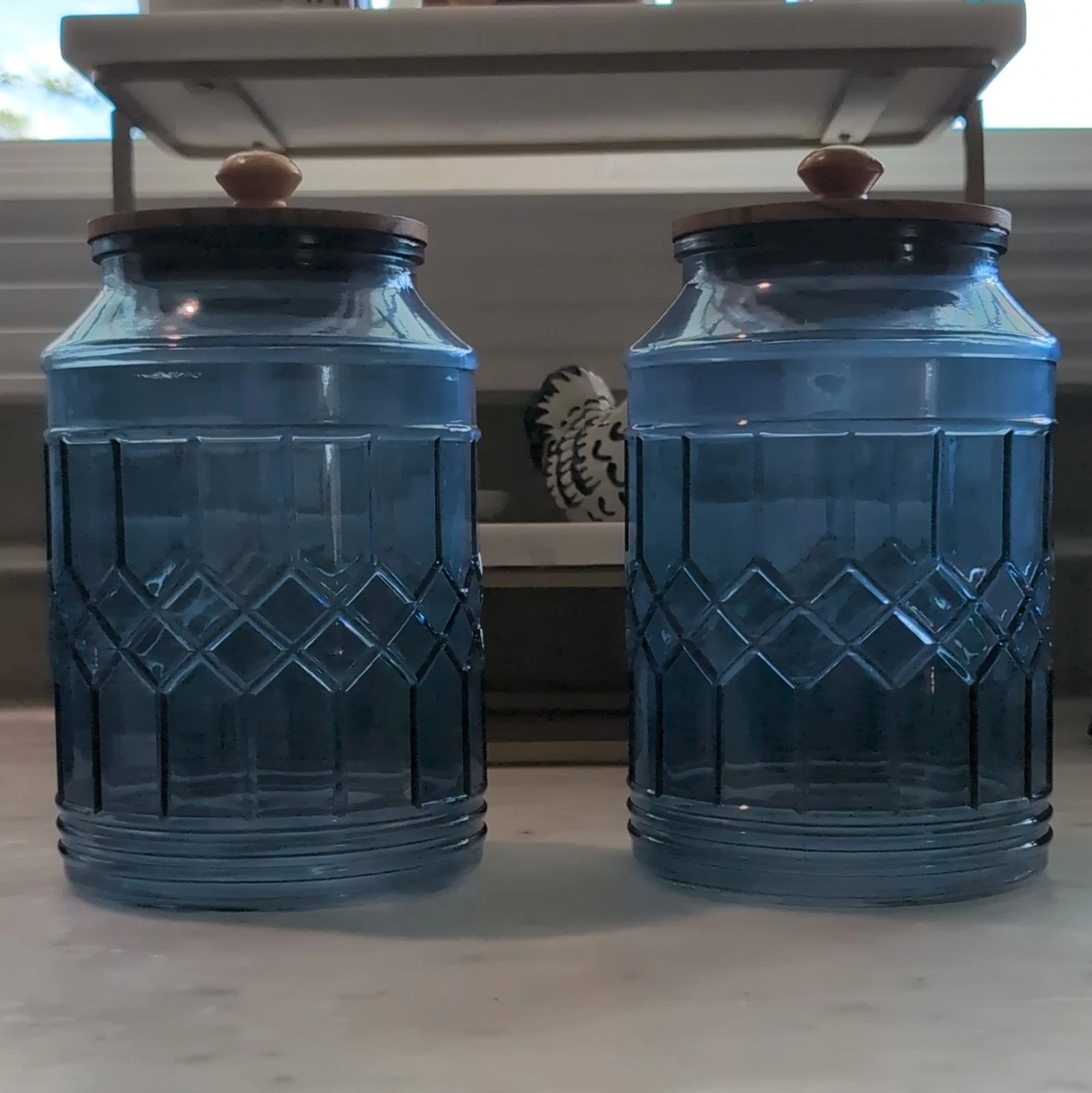 Set of 2 Blue Geometric Blue Glass Cylinder Canisters with Wooden Lids, 8 in