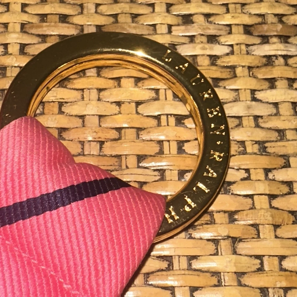 VTG Ralph Lauren Pink Stripe Fabric Belt Scarf Repp Tie Embossed Brass Rings 42” - Image 3 of 4