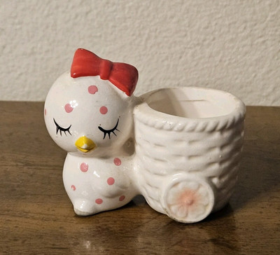 White Ceramic Planter Chick With Pink Polka Dots Big Red Bow  3''x3''