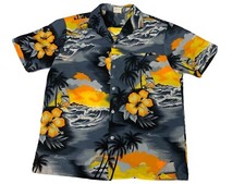 Vtg Kalena Fashions of Hawaii Floral Beach Print Hawaiian Shirt Men's L Black
