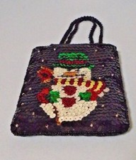 Black Christmas Snowman Evening Bag Satin Sequin With Beaded Double Handle