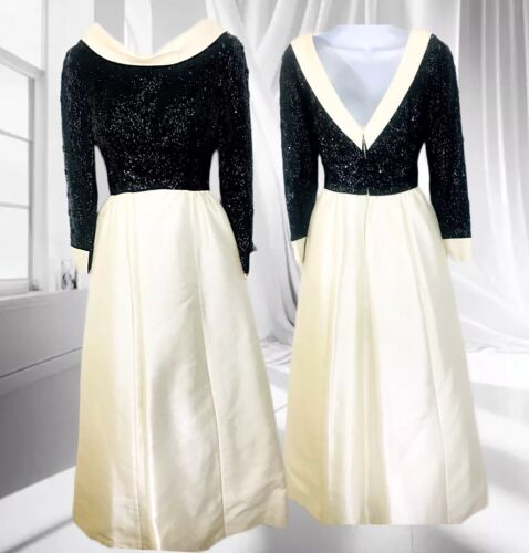 60s Maxi Ball Gown Sz 10 Black Beaded Crepe, Cream Silk Dress “Elizabeth Taylor”
