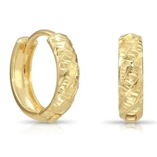 14K Real Solid Gold Hand Engraved Diamond-Cut Huggie Hoop Earrings Small 12MM