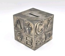 Vintage Coin Bank Children's ABC Cube Piggy Bank Silver Plated Metal