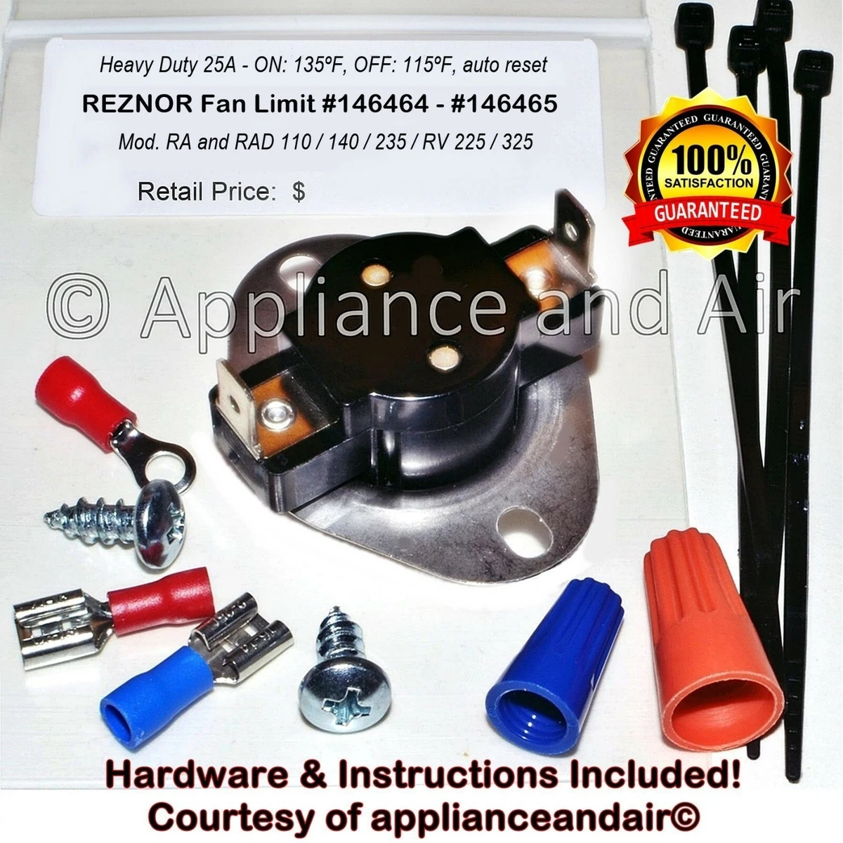 REZNOR 146465 Fan Blower Control Switch Waste Oil Heater RA RAD RV, SHIPS  TODAY! | eBay