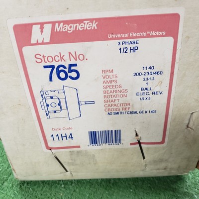 Magnetek 765- 1/2 HP, 3 Phase, 1140 RPM, 200-230/460V, 2.31/1.2 A,Shaft-1/2 x 5''