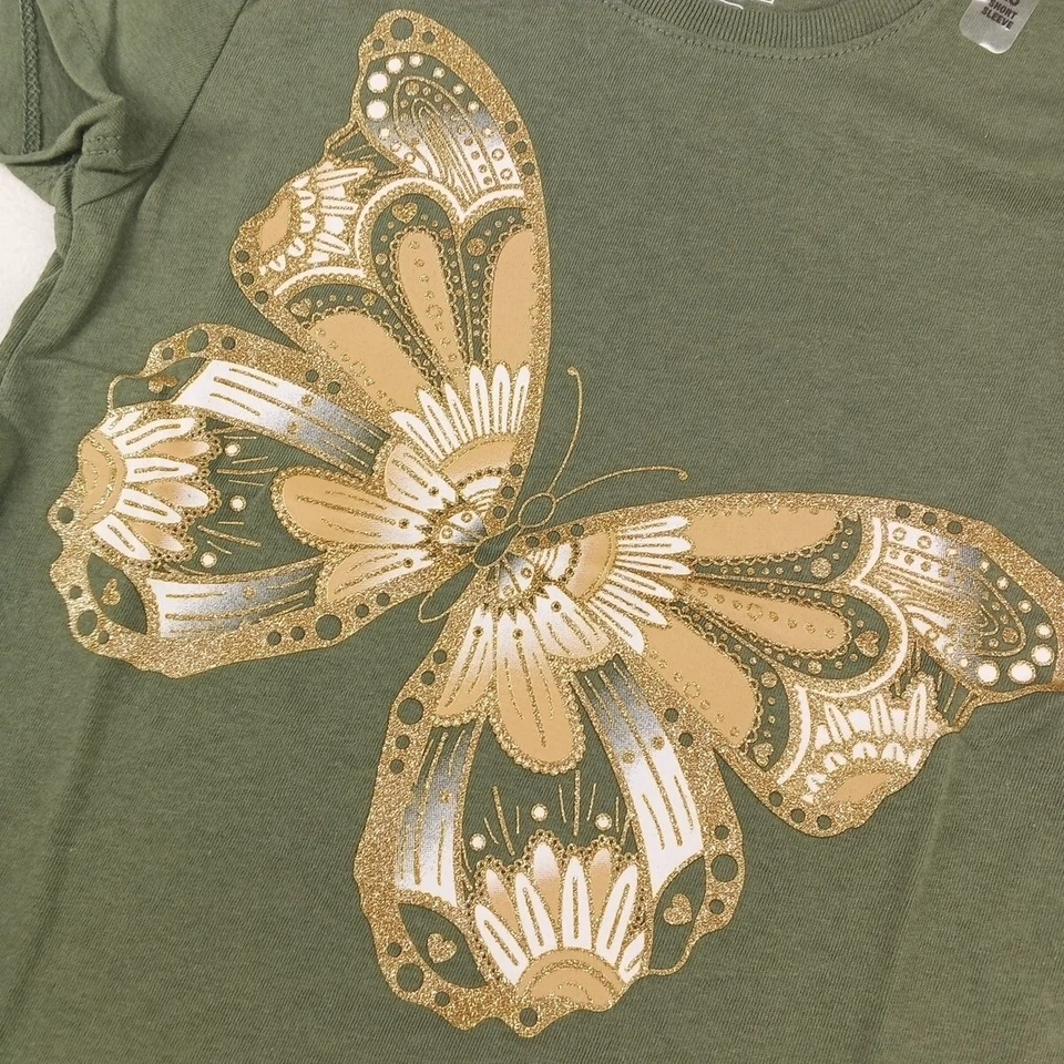 NWT THE CHILDREN'S PLACE Girls Butterly Print Glitter T-shirt Olive 100% Cotton - Image 3 of 4