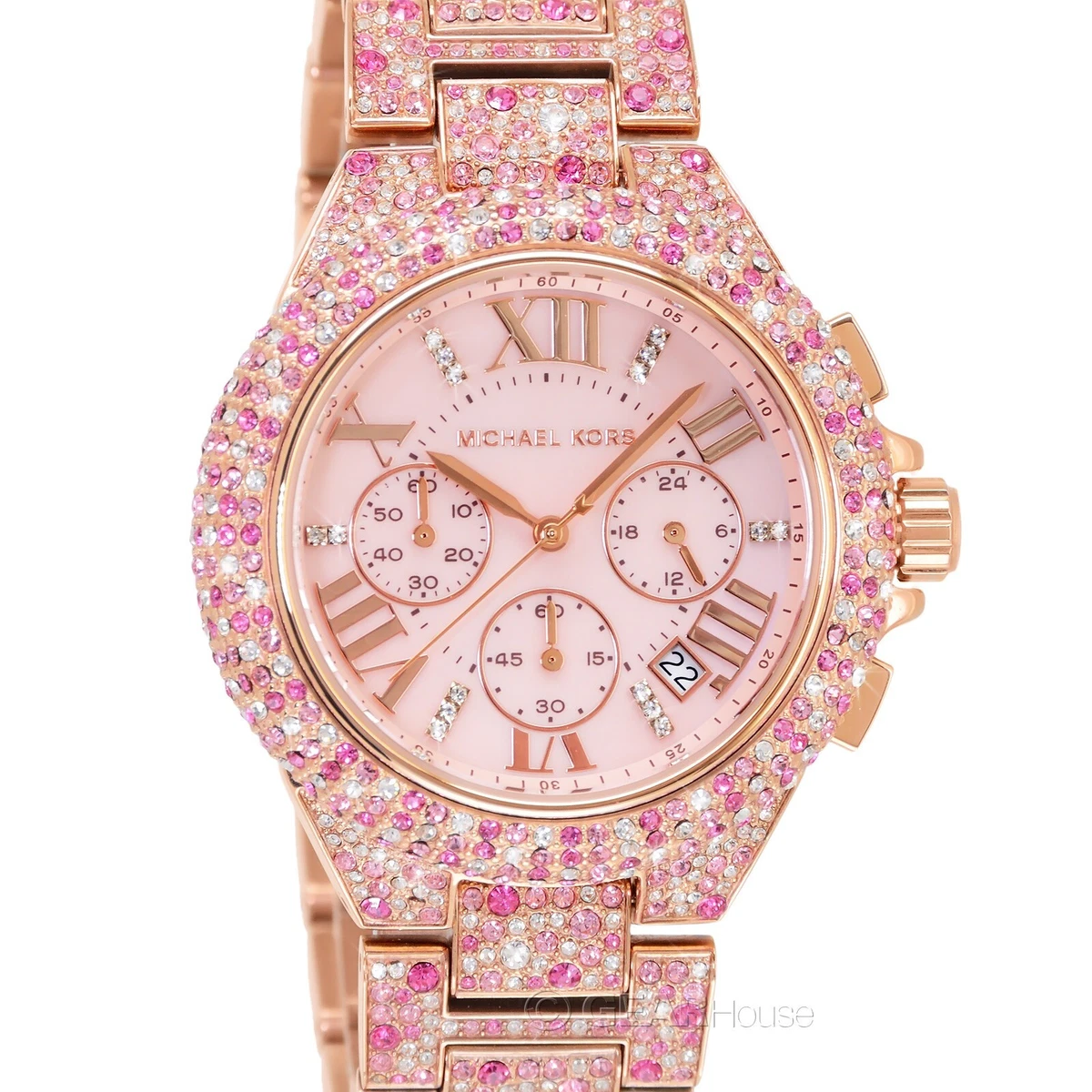 Michael Kors Ladies Pyper Rose Gold Plated White Dial Pink Logo Coated Canvas Strap Watch MK2859 #25 Michael Kors Ladies Pyper Rose Gold Plated White Dial Pink Logo Coated Canvas Strap Watch MK2859