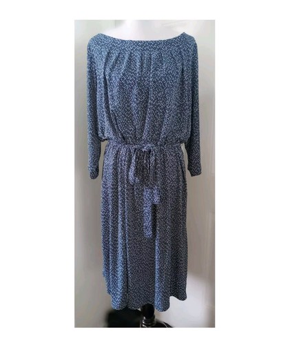Lands' End Dress Size 2X 20-22 Elastic Tie Waist Blue Herringbone Boat Neck
