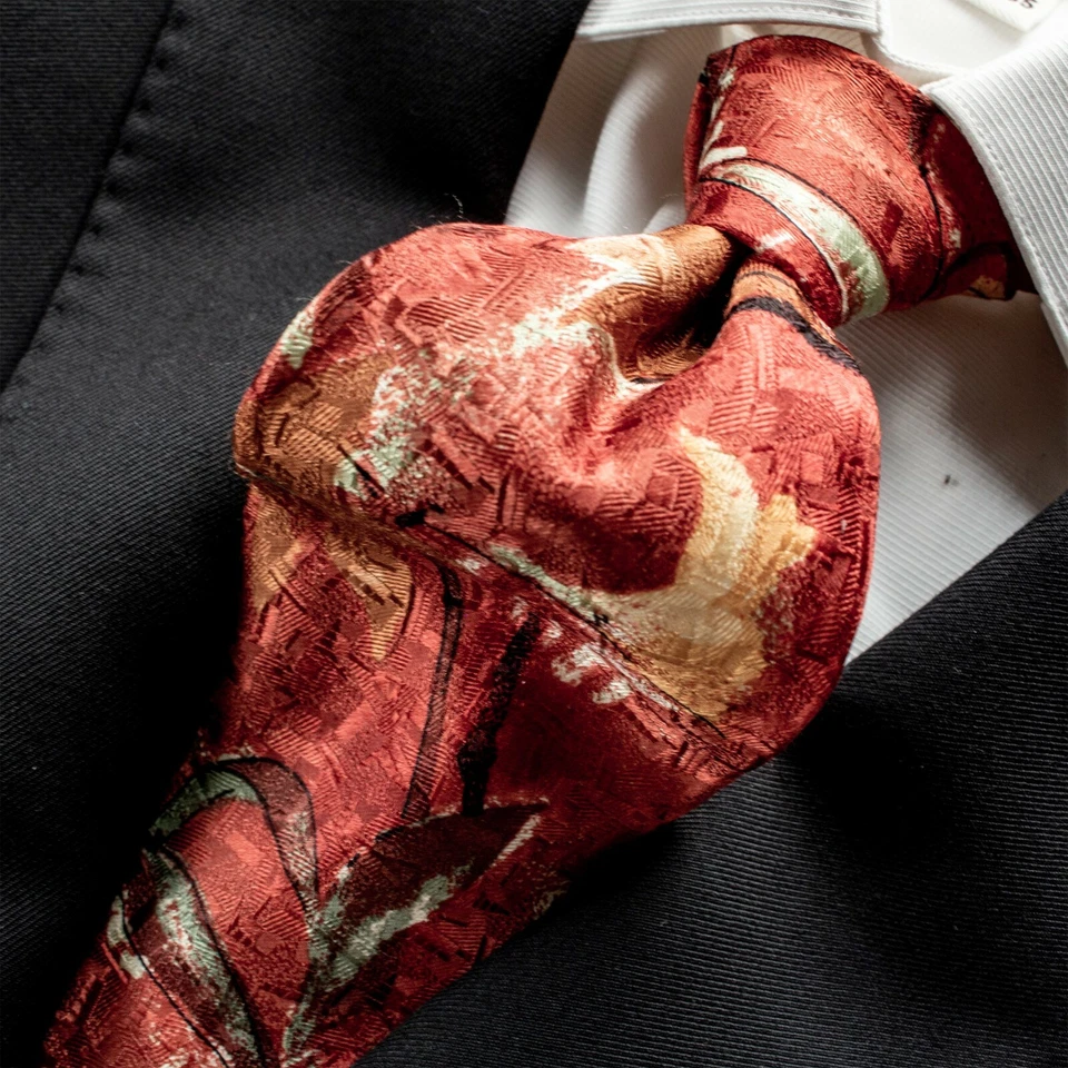 Corbata ERMENEGILDO ZEGNA Roja Cobre Amarilla Floral Seda 58"L x 3.75"W Foto 4 de 4