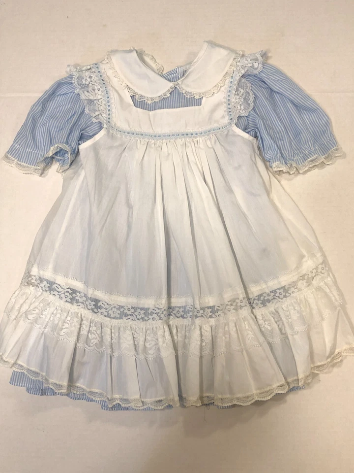 Vintage Bryan Pinafore Dress 4 White Blue Striped Lace Trim Ruffle full circle - Image 2 of 4
