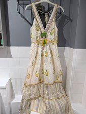 PAPA PIA Ivory Cotton Eyelet Embroidered Floral Maxi Dress V-Neck Tie Tassel S