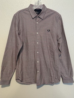 FRED PERRY Black Red Micro Plaid Check Cotton Shirt Small  Logo Collared NEW