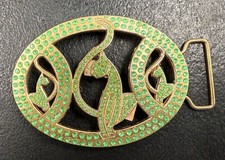    Cat Belt Buckle   Gold Tone with Green Gem Accents Missing Stones