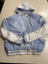 Vintage East West Sport Style Windbreaker Jacket Blue White Striped Hooded