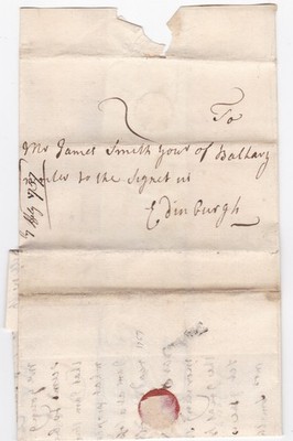 Dundee Lettering Blue 1757 DUNDEE LETTER BY JAMES SMITH TO JAMES SMITH (BALHARY) AT EDINBURGH ...
