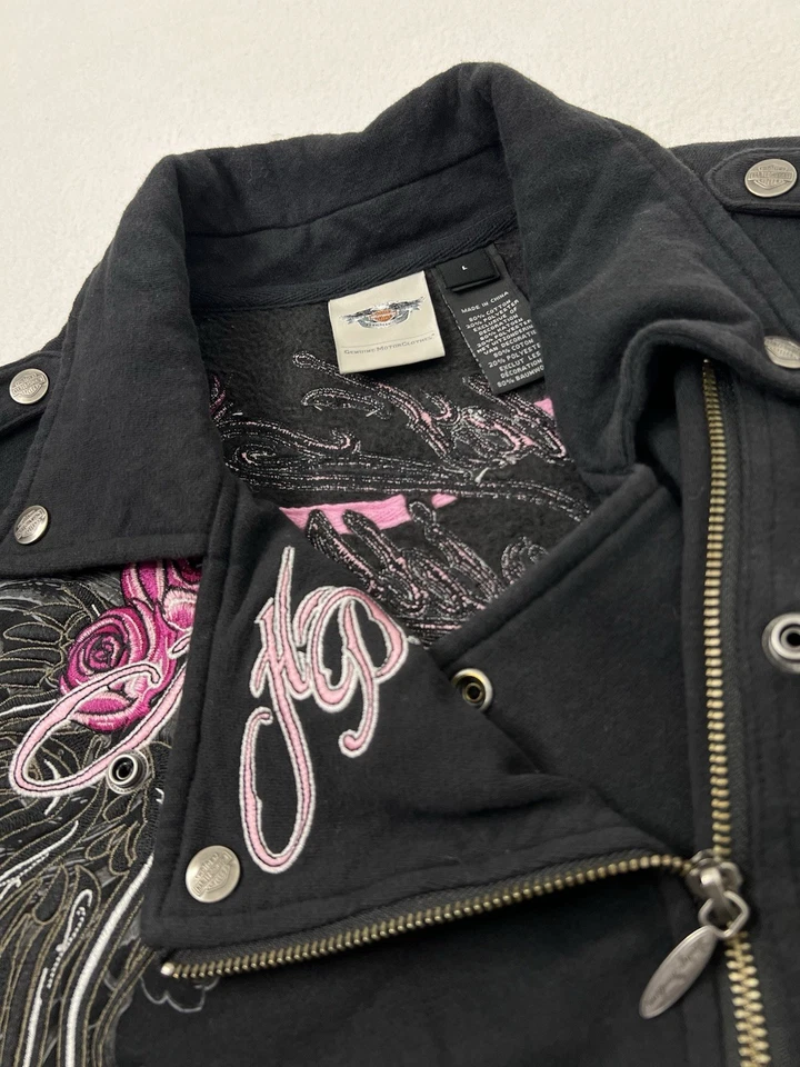 Chaqueta Harley Davidson Mujer Grande Negra Bordada a Presión Rosas Rock De Colección Y2K Foto 4 de 4