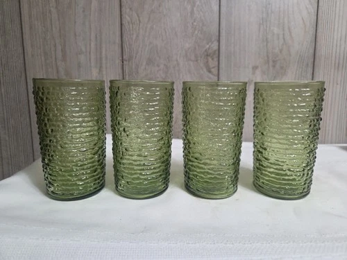 Anchor Hocking SORENO Avocado Green Glass Bark 5-1/8" tall TUMBLERS, 14oz, VTG