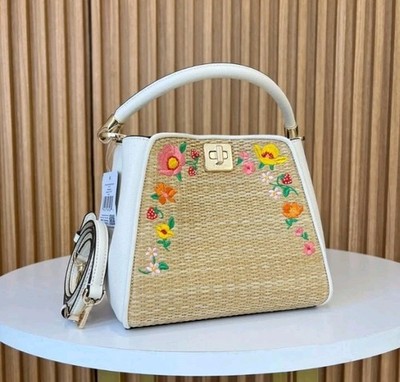 NWT Kate Spade KG754 Phoebe Embroidered Straw Top Handle Satchel