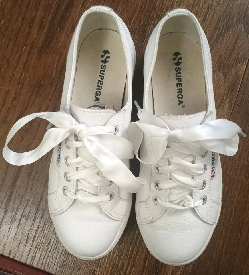 Superga Plataforma Blanco Guijarro Cuero Zapatillas Tenis Zapatos Satén Cordones Corbata 7.5 Foto 2 de 4