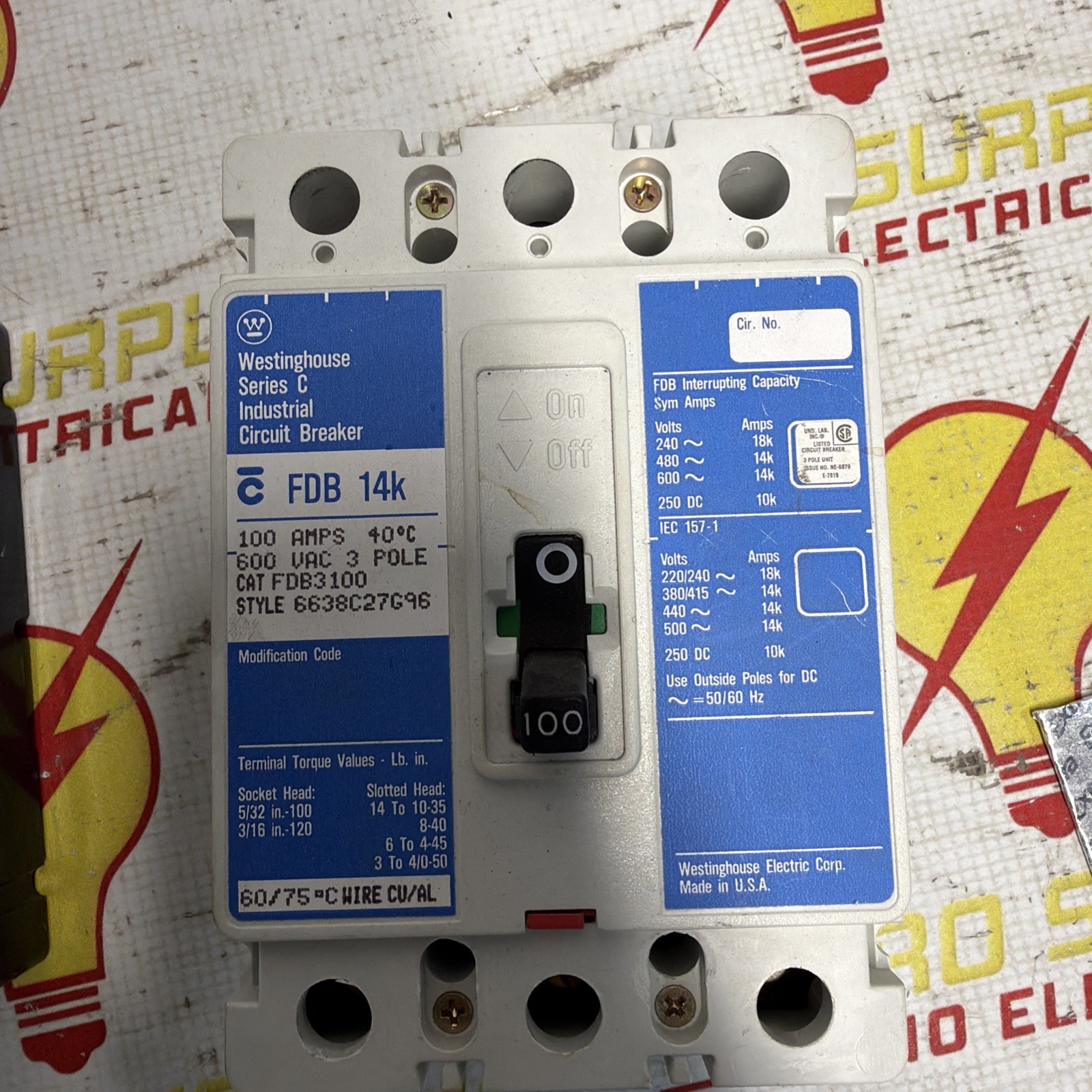 Eaton Cutler Hammer Westinghouse FDB3100 Circuit Breaker USED