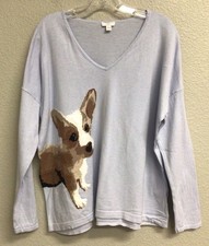 J. Jill Women  s Corgi Dog Sweater Light Blue V Neck Knit Top Size Large