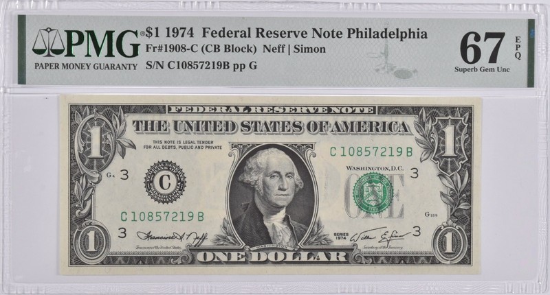 $1 1974 Philadelphia, PA US FRN Fr#1908-C PMG Superb Gem Unc 67 EPQ *7395