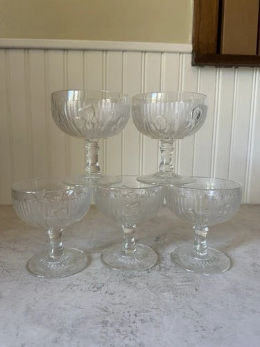 Set Of 5 Jeanette Glass Iris & Herringbone 4" Sherbet / Champagne Goblets