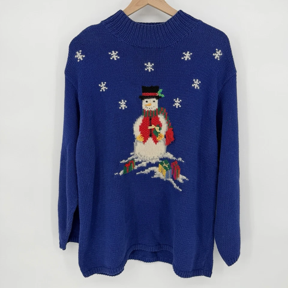 Marisa Christina OS винтажный рождественский снеговик с круглым вырезом ручная вязка хлопковая смесь - Изображение 2 из 4