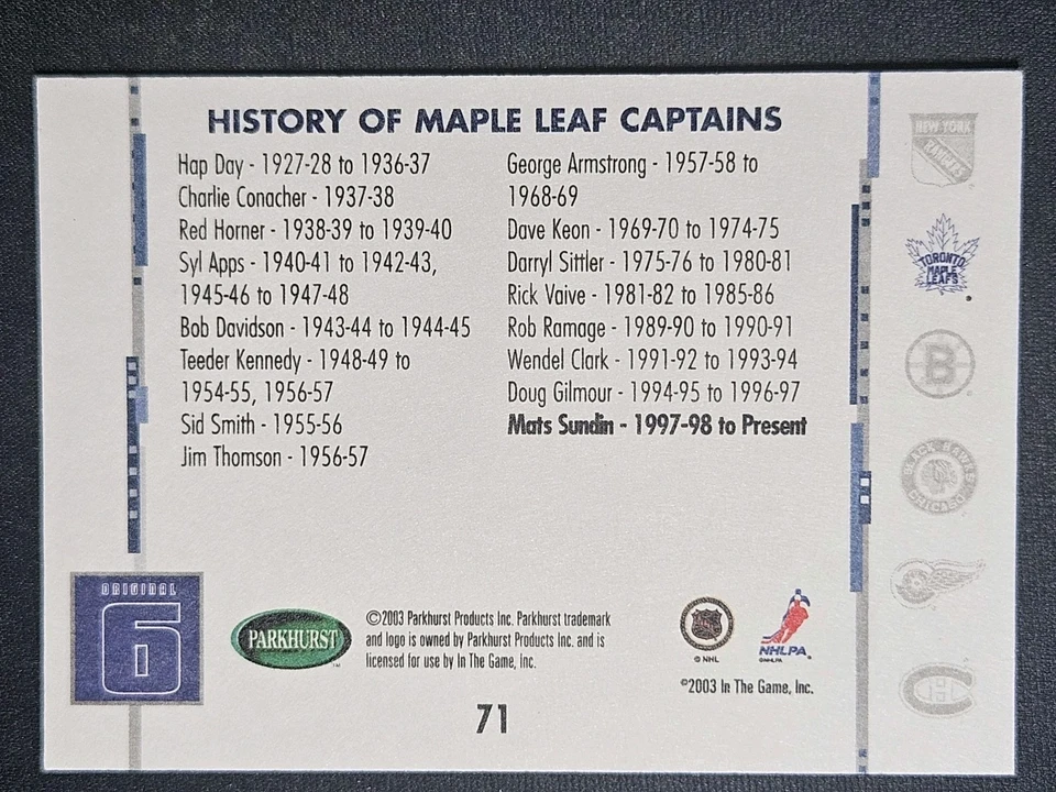 03-04 Parkhurst Original 6 Mats Sundin 🚨🚨🚨 Toronto Maple Leafs Captains  - Image 2 of 2