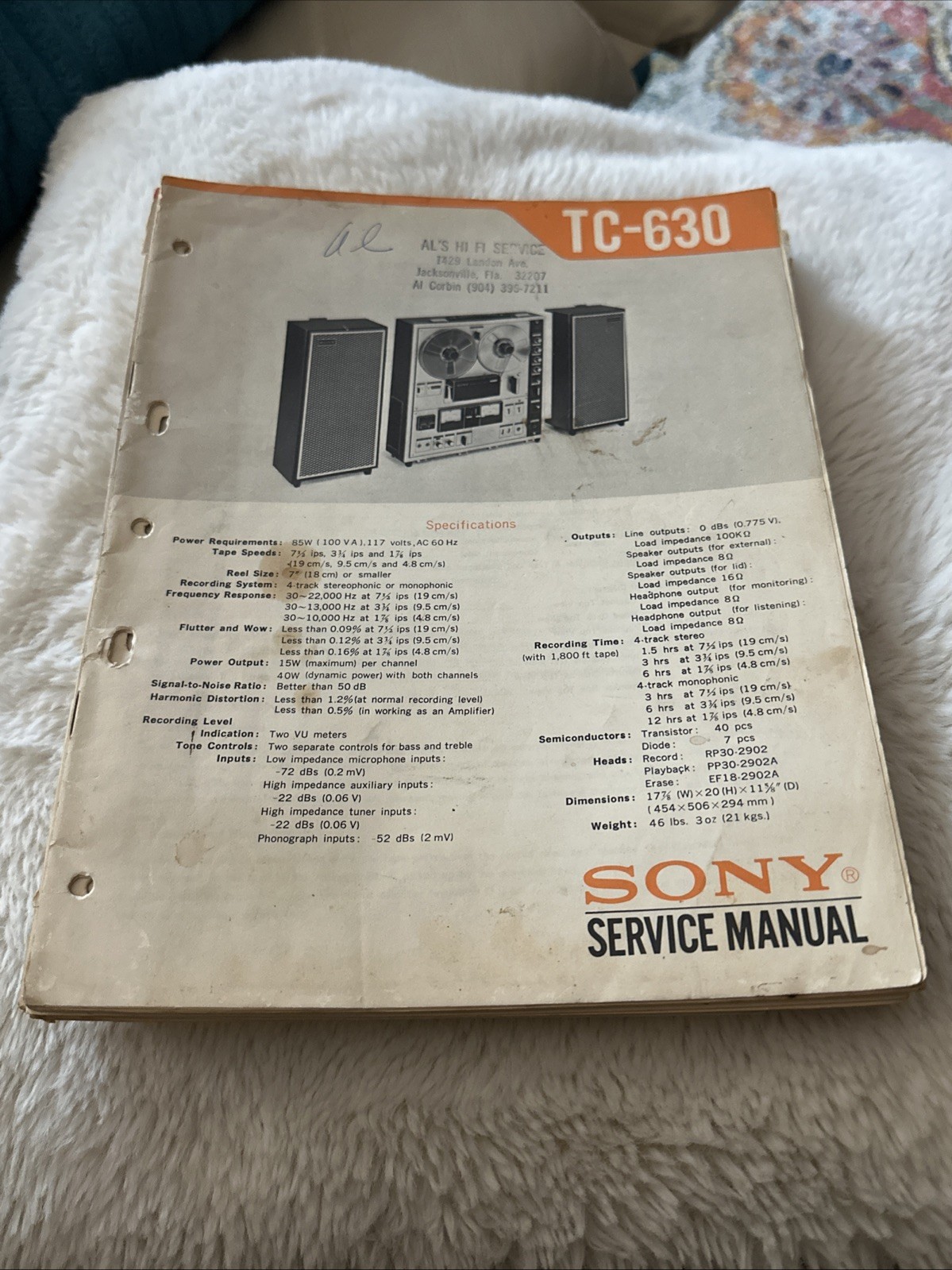 Sony TC-630 Reel to Reel Service Manual Original