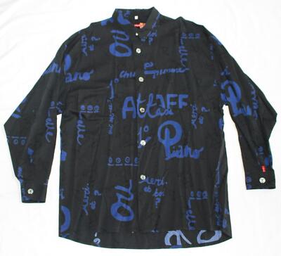 SIGNUM French Lettering AOP Casual Button Shirt Men's XL X-LARGE Black Blue