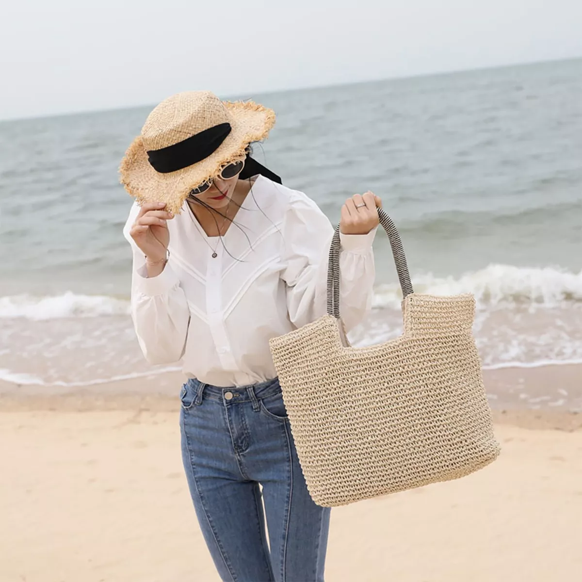 Large Straw Woven Tote Bag New Chic Summer Beach Fashion Handbag Shoulder  Bag WH