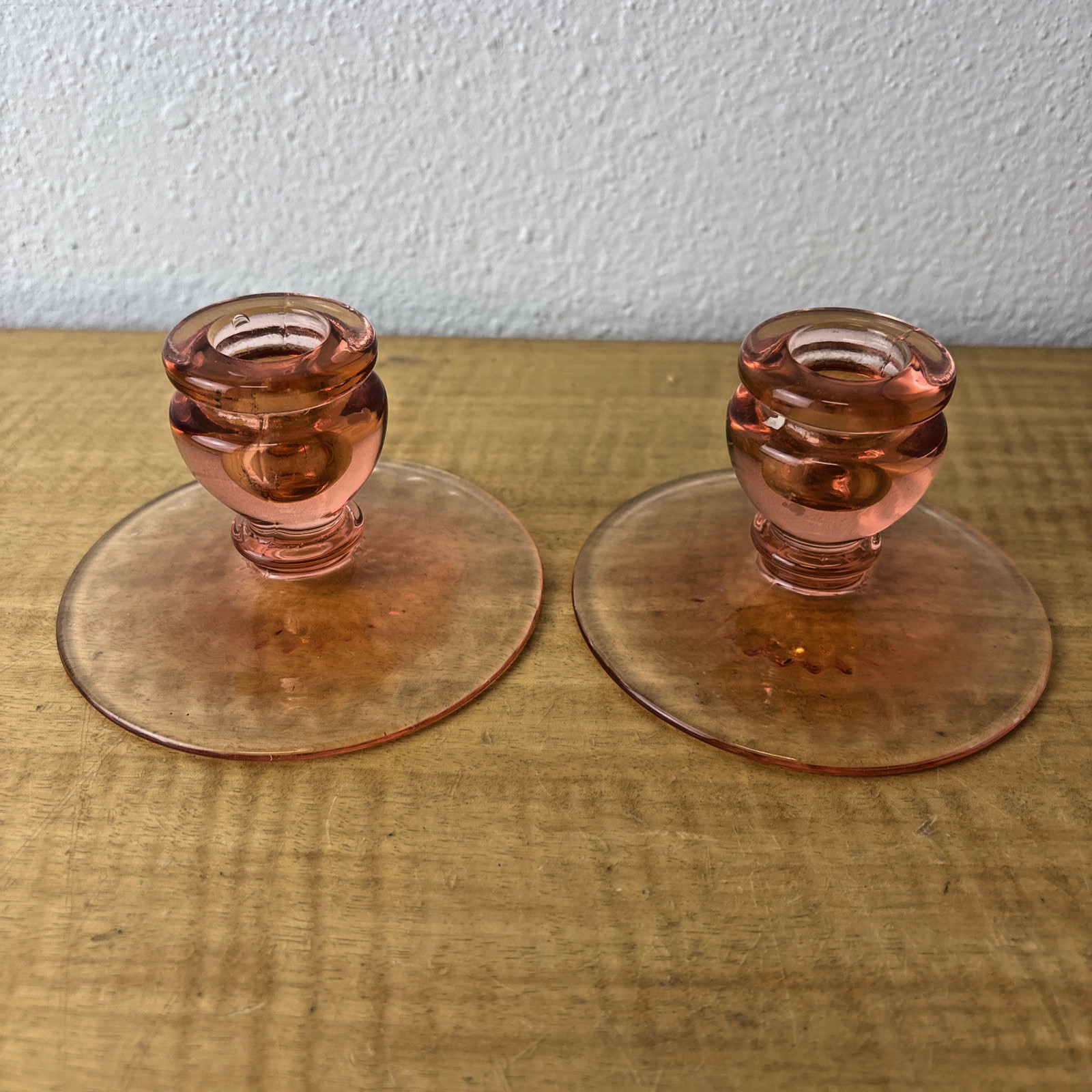 Vintage Depression Glass Salmon Peach Pink Clear Round Candle Holders Set of 2