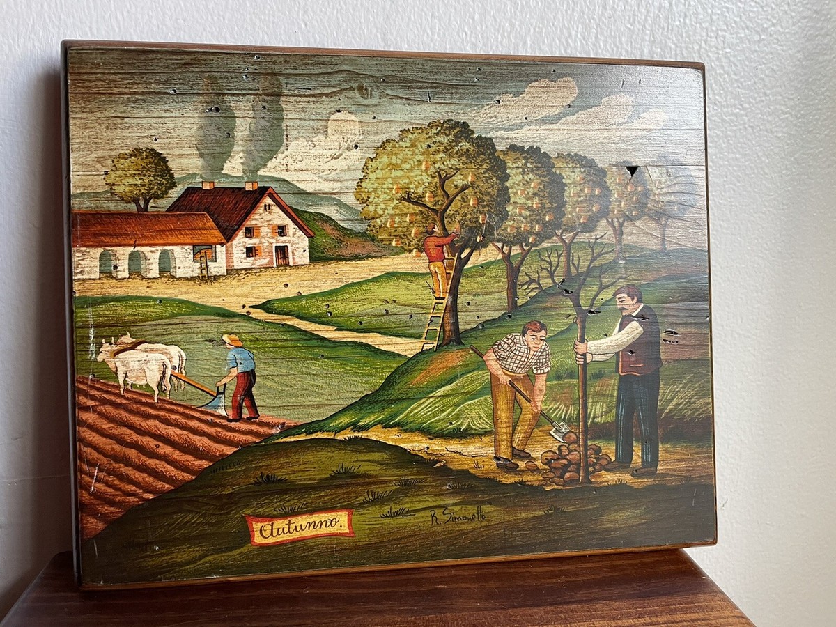 Vintage Wood Art Decorato Mano Autumn Farm Scene By R