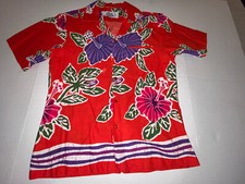 Hilo Hatties Vintage Hawaiian Shirt Red Purple Floral Camp 1970's Large RARE