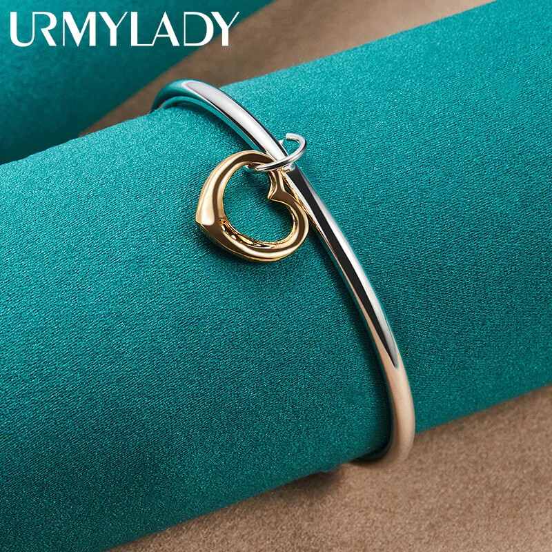 URMYLADY 925 Sterling Silver Love Heart Bangle Cuff Bracelet For Women