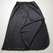Vintage MERVILLE Half Slip Skirt BLACK SATIN NYLON Silky Lingerie MEDIUM