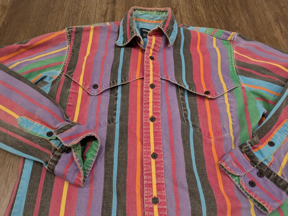 Vintage WRANGLER Brushpopper Button Up Shirt Size 15-34 Striped Western  - Image 2 of 4