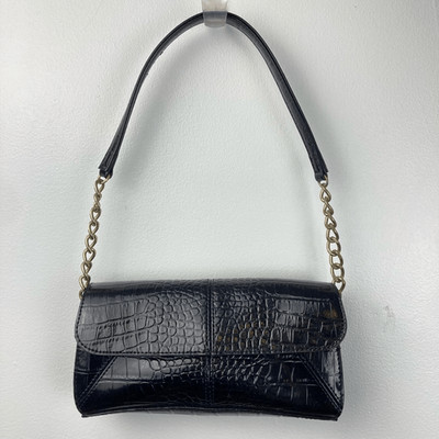Vintage Y2K Mini Satchel Shoulder Bag Black Alligator Print Brass Chain Vegan