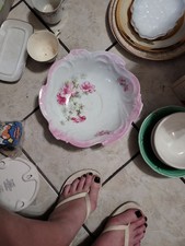 Vintage Porcelain Scalloped Serving Bowl with Pink Floral and Blue Leaf Border — listing 5