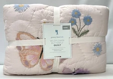 NEW Pottery Barn KIDS Wildflower Butterfly Embroidered Quilt~TWIN~Pink Multi