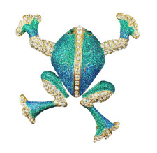 Green Frog Glitter  Rhinestone Brooch Pin Back Articulated Legs Gold Tone 3" J3