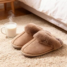 Cozy Faux Scuffette Faux Fur Collar Slippers Warm Comfortable Indoor Home Shoes