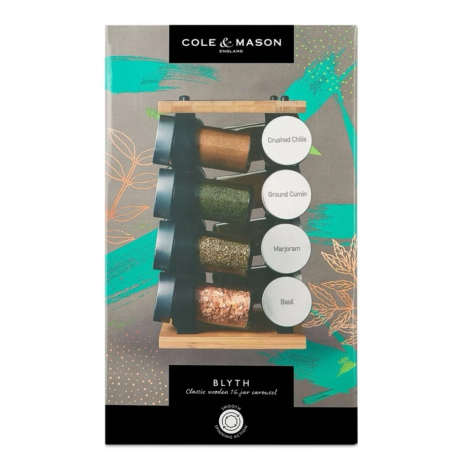 Cole & Mason Blyth 16-Jar Bamboo Spice Rack Carousel Filled Glass Jars - NEW! - Image 2 of 4
