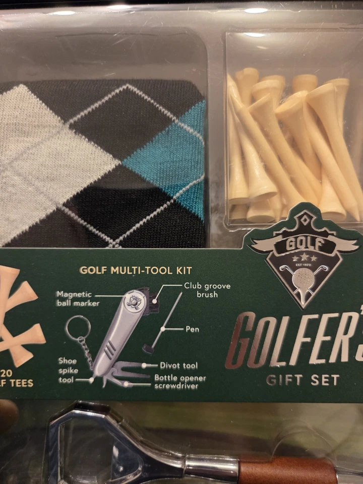 Juego de regalo para golfista dorado kit multiherramienta calcetines abridor de botellas de golf 20 camisetas de golf Foto 3 de 4