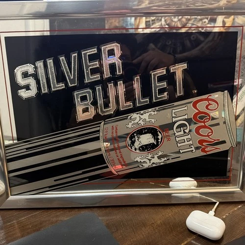 Vintage 1983 Mirrored Coors Light Silver Bullet Beer Sign 19.5” W By 14.5 Tall