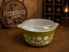 Vintage PYREX Green Crazy Daisy Casserole Dish 473 1 QT Spring Blossom With Lid