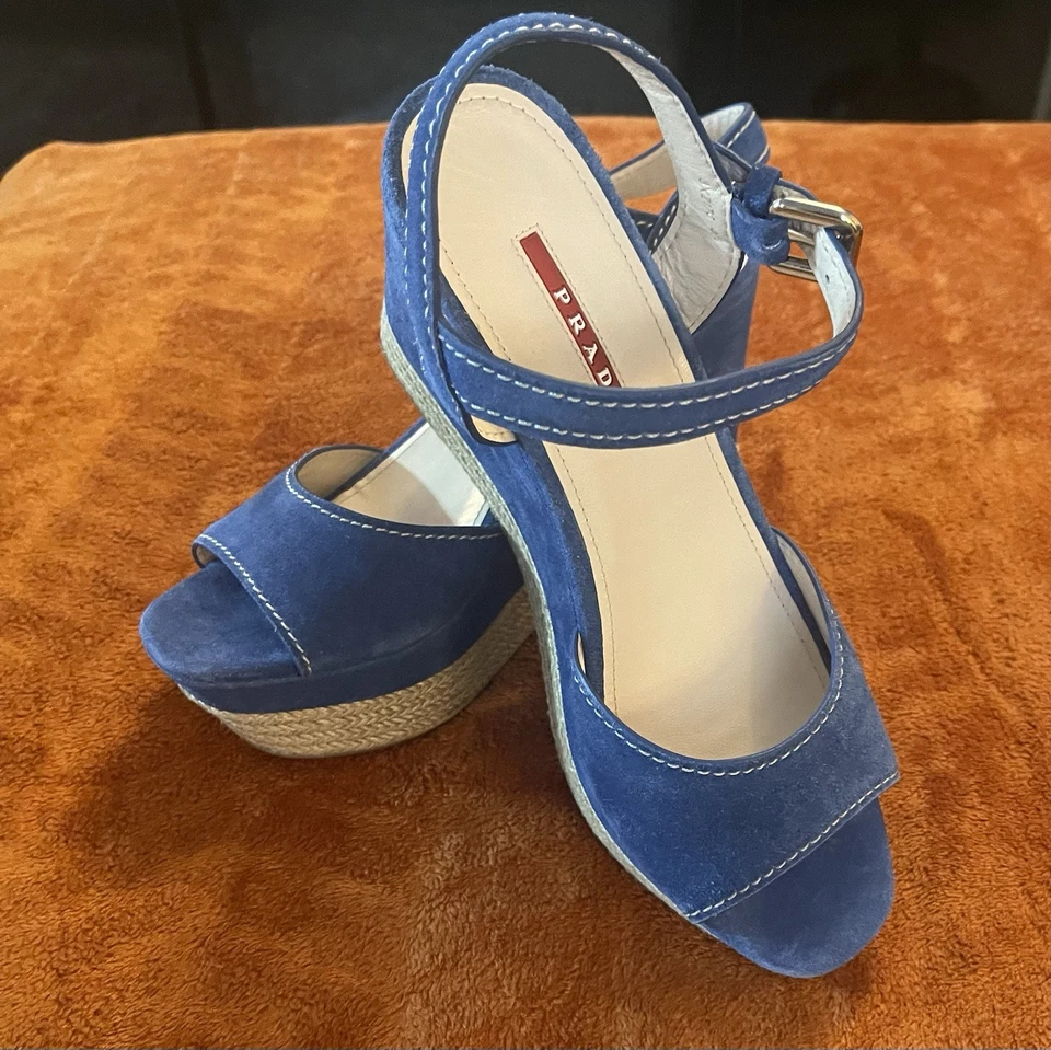 Prada синий замшевый Espadrille клинья 40,5 / США 10,5 NIB $450 Бесплатная доставка розничной $925 - Изображение 2 из 4