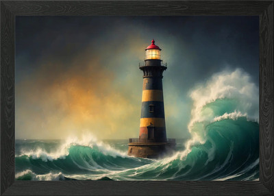 Leuchtturm in stürmischer See Gemälde gerahmt Wandbild Poster Leinwanddruck Bild